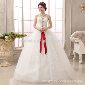 Weiße Brautspitze appliques weg von der Schulter nach Maß rote Band billiges Ballkleid-Hochzeitskleid